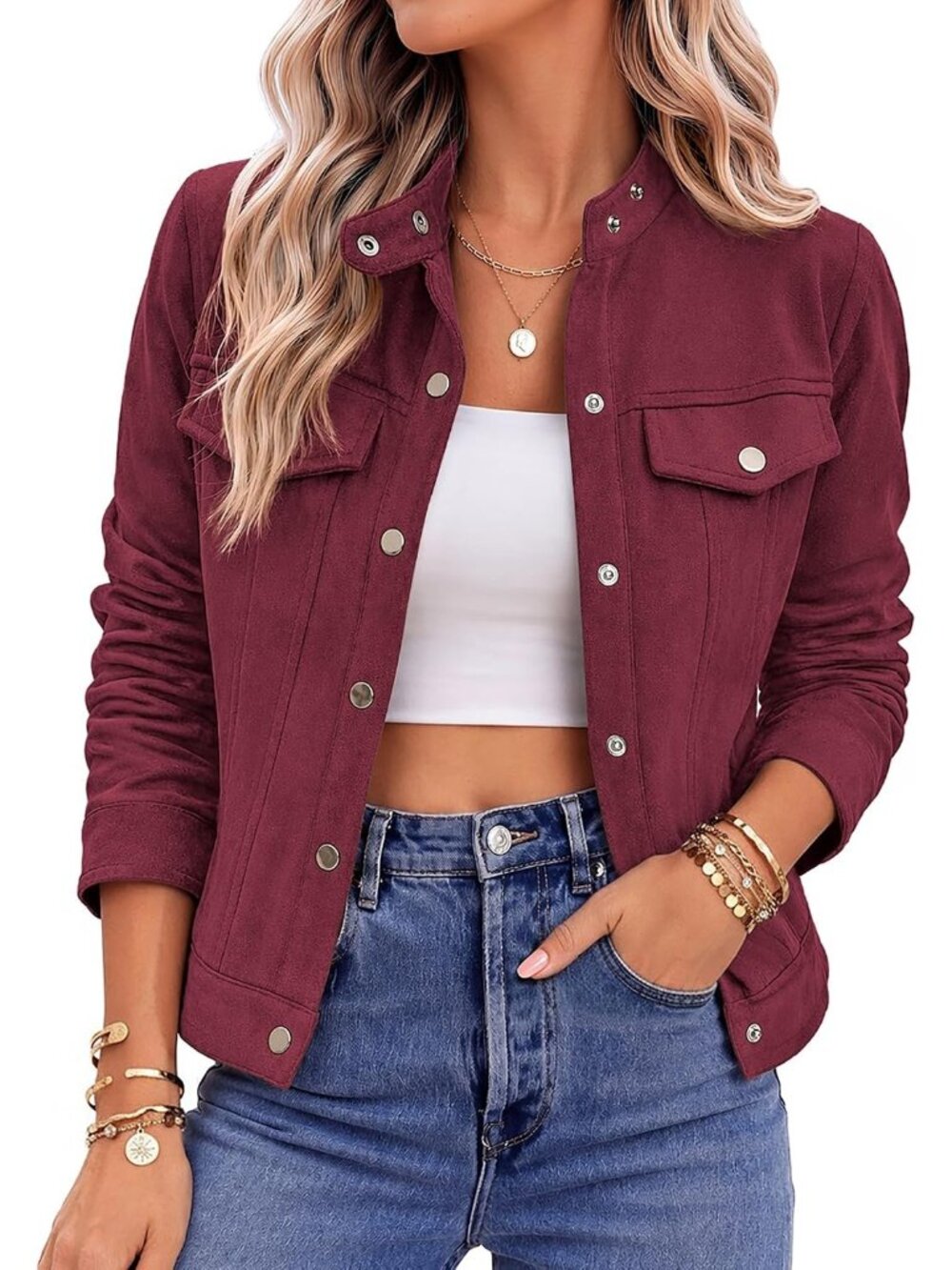 Women's Dark Red Suede Long Sleeve Button Down Cropped Jackets Streetwear Casual